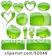 Digital Collage Of Green Design Elements Hearts Bursts Seals Labels And Punctuation