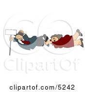 WomanAmpMan Holding Onto A Blank Sign Pole While Being Blown Around In A Severe Tropical Wind Storm Clipart by djart