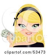 Poster, Art Print Of Friendly Blond Woman Wearing A Black Headband And Holding Up Cash