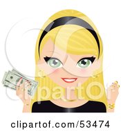 Poster, Art Print Of Green Eyed Blond Haired Woman Wearing A Black Headband And Holding Gold Coins And Cash