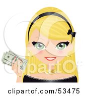 Poster, Art Print Of Blond Woman With Green Eyes Wearing A Black Headband And Holding Up Cash