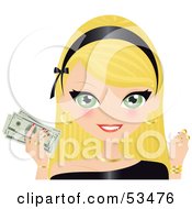 Poster, Art Print Of Blond Woman Wearing A Black Headband Holding Gold Coins And Cash