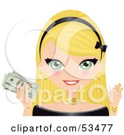Poster, Art Print Of Pretty Blond Woman Wearing A Black Headband Holding Gold And Banknotes