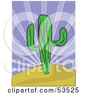 Royalty Free RF Clipart Illustration Of A Green Cactus On A Desert Hill Against A Purple Bursting Sky