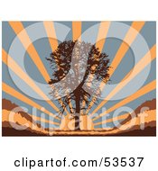 Royalty Free RF Clipart Illustration Of A Brown Tree Silhouette In Front Of An Orange Morning Sunrise On Blue