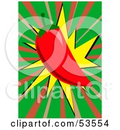 Royalty Free RF Clipart Illustration Of A Hot Red Pepper Over A Yellow Green And Pink Burst