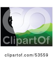 Royalty Free RF Clipart Illustration Of A Silhouetted Rock Climber Along A Cliff Over A Green Valley by David Barnard #COLLC53559-0126