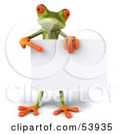 Cute 3d Green Tree Frog Standing Behind A Blank Sign And Pointing To It