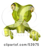 3d Gecko Character Pointing Down At And Standing Behind A Blank Sign - Pose 1