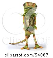 Royalty Free RF Clipart Illustration Of A 3d Chameleon Lizard Character Facing Front And Holding A Plant