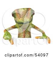 Royalty Free RF Clipart Illustration Of A 3d Chameleon Lizard Character Pointing Down To And Standing Behind A Blank Sign