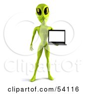 Royalty Free RF Clipart Illustration Of A 3d Green Alien Being Presenting A Laptop Pose 1
