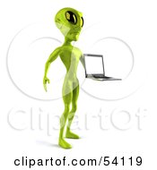 Royalty Free RF Clipart Illustration Of A 3d Green Alien Being Presenting A Laptop Pose 3