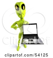 Royalty Free RF Clipart Illustration Of A 3d Green Alien Being Presenting A Laptop Pose 4