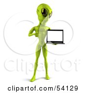 Royalty Free RF Clipart Illustration Of A 3d Green Alien Being Presenting A Laptop Pose 2