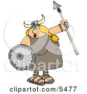 Funny Viking Woman Armed With A Spear And Shield Clipart Illustration
