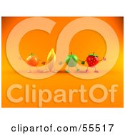 Royalty Free RF Clipart Illustration Of A Line Of 3d Green Apple Banana Strawberry And Orange Characters Waving And Holding Hands by Julos