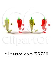 Royalty Free RF Clipart Illustration Of 3d Green And Red Chili Pepper Characters Walking Right Version 1