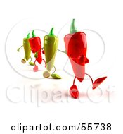 Royalty Free RF Clipart Illustration Of 3d Green And Red Chili Pepper Characters Marching Forward Version 1
