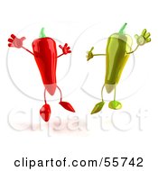 Royalty Free RF Clipart Illustration Of 3d Green And Red Chili Pepper Characters Jumping Version 3