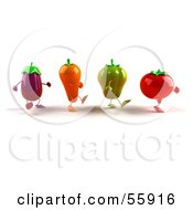 Royalty Free RF Clipart Illustration Of 3d Tomato Bell Pepper Carrot And Eggplant Characters Marching Right Version 1 by Julos