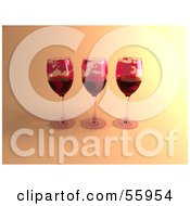 Royalty Free RF Clipart Illustration Of Three 3d Glasses Of Red Wine With Continents On The Glass Version 1