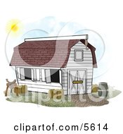 White Horse Stable Barn With A Barrel Saddle And Hay Clipart Illustration