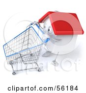 Royalty Free RF Clipart Illustration Of A 3d White Clay Home Character Pushing A Shopping Cart Version 2