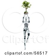 Royalty Free RF Clipart Illustration Of A 3d Femme Robot Character Holding A Plant Over Her Head