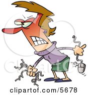 Angry Woman Holding Computer Wires And A Mouse Clipart Illustration