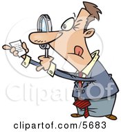 Man Using A Magnifying Glass To Read Fine Print On A Document Clipart Illustration