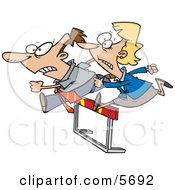Man And Woman Jumping A Hurdle Obstacle During A Race Clipart Illustration by toonaday