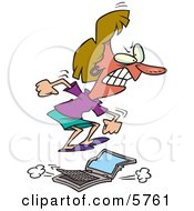 Flustered Woman Jumping On A Laptop Computer Clipart Illustration by toonaday