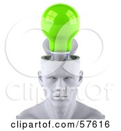 Royalty Free RF Clipart Illustration Of A 3d White Male Head Character With A Green Light Bulb by Julos