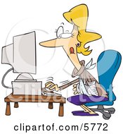 Injured Blond Woman Using A Desktop Computer Clipart Illustration