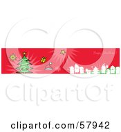 Red Happy Christmas Greeting Banner With Party People Gifts And A Tree