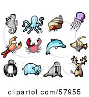 Royalty Free RF Clipart Illustration Of A Digital Collage Of Animals Seahorse Octopus Snail Jellyfish Lobster Crab Dolphin Fish Penguin Polar Bear Walrus And Caribou