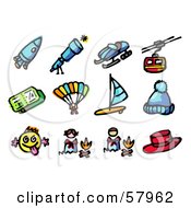 Poster, Art Print Of Digital Collage Of A Rocket Telescope Snowmobile Cable Car Ticket Parachuting Wind Surfing Hat Funny Face Campfire Hat