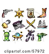 Digital Collage Of Adventure Icons Pistil Sheriff Badge Wanted Boots Hook Pirate Flag Swords Ship Alien Ufo Robot And Ray Gun