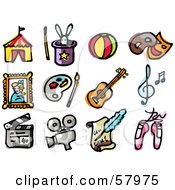 Digital Collage Of Entertainment Icons Big Top Rabbit In Hat Ball Masks Portrait Paint Palette Guitar Music Clapperboard Camera Letter And Ballet Slippers