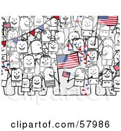 Crowd Of Stick People Characters With An American Flag