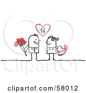 Poster, Art Print Of Stick People Character Couple Exchanging Flowers And Candy On Valentines Day