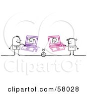 Poster, Art Print Of Stick People Character Couple Hooking Up Online Using Laptops