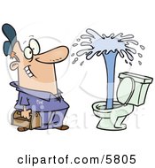 Happy Male Plumber Viewing A Geyser In A Toilet Clipart Illustration