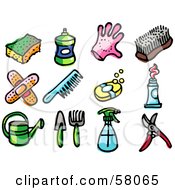 Digital Collage Of A Sponge Bottle Glove Scrub Brush Bandages Comb Soap Toothpaste Watering Can Gardening Tools Spray Bottle And Pruners