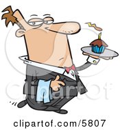 Male Butler Carrying A Cupcake With A Lit Candle On A Tray Clipart Illustration