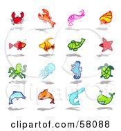 Royalty Free RF Clipart Illustration Of A Digital Collage Of A Crab Lobster Prawn Snail Fish Starfish Octopus Jellyfish Seahorse Turtle Dolphin Shark Saw Fish And Whale