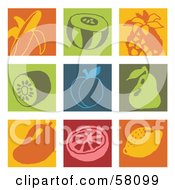 Royalty Free RF Clipart Illustration Of A Digital Collage Of Colorful Banana Watermelon Pineapple Kiwi Apricot Pear And Citrus Icons by NL shop