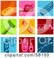 Poster, Art Print Of Digital Collage Of A Bar Of Soap Tooth Brush Comb Razor Bandages Tooth Paste Hair Spray Containers And Swab Icons