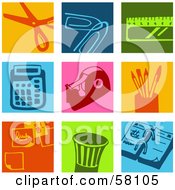 Poster, Art Print Of Digital Collage Of Colorful Scissor Paperclip Ruler Calculator Tape Pen Memo And Calendar Icons
